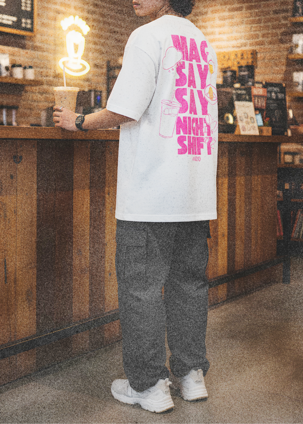 Magsaysay Night Shift Tee — White (Black / Pink Print)