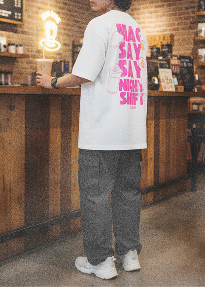 Magsaysay Night Shift Tee — White (Black / Pink Print)