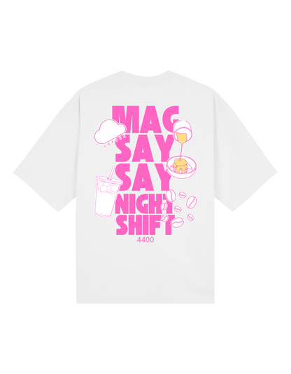 Magsaysay Night Shift Tee — White (Black / Pink Print)