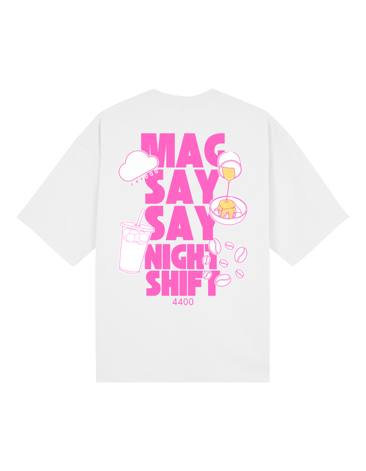 Magsaysay Night Shift Tee — White (Black / Pink Print)
